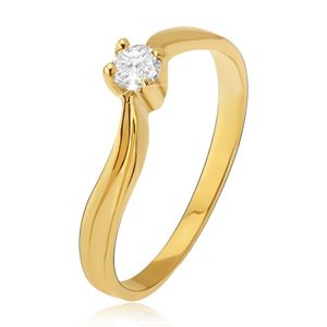 Zlatý prsten 585 - lesklá zvlněná ramena, prohlubeň, čirý kamínek - Velikost: 49
