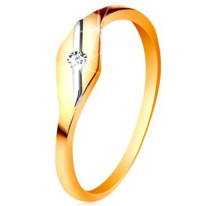 Zlatý prsten 585 - lesklé zrnko, šikmá linie z bílého zlata a čirý zirkonek - Velikost: 54