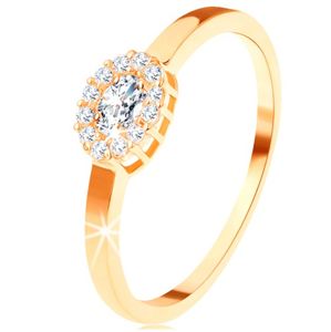 Zlatý prsten 585 - oválný čirý zirkon lemovaný kulatými zirkonky - Velikost: 65