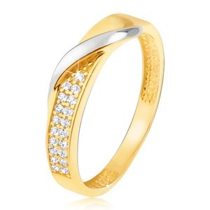 Zlatý prsten 585 - pás drobných čirých zirkonů, zvlněná linie v bílém zlatě - Velikost: 48