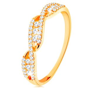 Zlatý prsten 585 - propletená zvlněná ramena, kulaté čiré zirkony - Velikost: 60