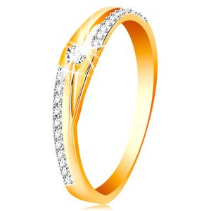 Zlatý prsten 585 - rozdělené linie ramen, třpytivé pásy a čirý zirkon - Velikost: 51