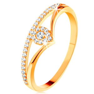 Zlatý prsten 585 - rozdvojená zahnutá ramena, čirá zirkonová kapka - Velikost: 59