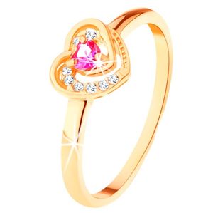 Zlatý prsten 585 - růžové zirkonové srdíčko ve dvojitém obrysu - Velikost: 62