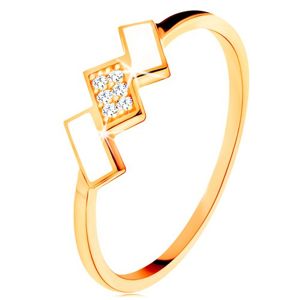 Zlatý prsten 585 - šikmé obdélníky pokryté bílou glazurou a zirkony - Velikost: 52