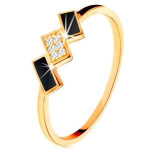 Zlatý prsten 585 - šikmé obdélníky zdobené černou glazurou a zirkony - Velikost: 56