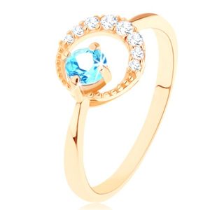 Zlatý prsten 585 - srpek měsíce zdobený čirými zirkonky, modrý topas - Velikost: 51