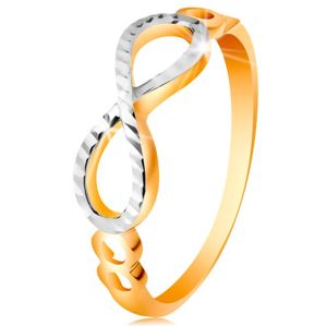 Zlatý prsten 585 - symbol nekonečna zdobený bílým zlatem a zářezy - Velikost: 52