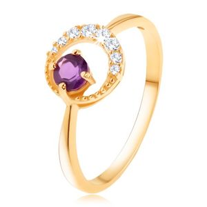 Zlatý prsten 585 - tenký zirkonový půlměsíc, ametyst ve fialovém odstínu - Velikost: 54