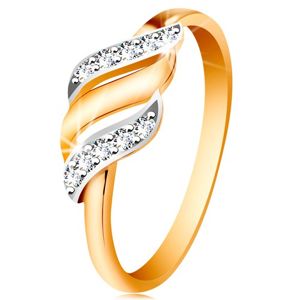 Zlatý prsten 585 - tři vlnky z bílého a žlutého zlata, třpytivé čiré zirkony - Velikost: 52