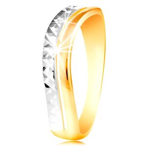 Zlatý prsten 585 - vlnka z bílého a žlutého zlata, blýskavý broušený povrch - Velikost: 54
