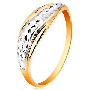 Zlatý prsten 585 - vlnky z bílého a žlutého zlata, blýskavý broušený povrch - Velikost: 60