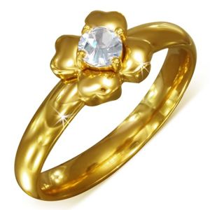 Zlatý prsten z chirurgické oceli s čirým zirkonem - květ - Velikost: 56