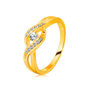 Zlatý prsten ze 14K zlata - tenká propletená ramena se zirkony, kulatý blýskavý zirkon - Velikost: 49