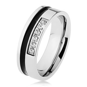 Zrcadlově lesklý ocelový prsten stříbrné barvy, černý pruh, linie zirkonů - Velikost: 67